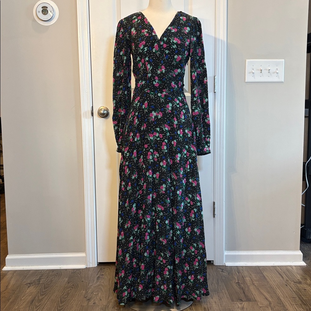 Essentiel Antwerp black and purple floral maxi dress faux wrap tie back NWT 36